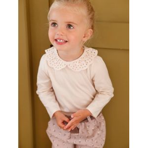 Baby T-shirt met geborduurde kraag en lange mouwen lichtbeige