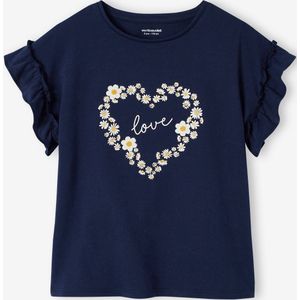 Meisjes-T-shirt met iriserend motief en korte mouwen met ruches marineblauw