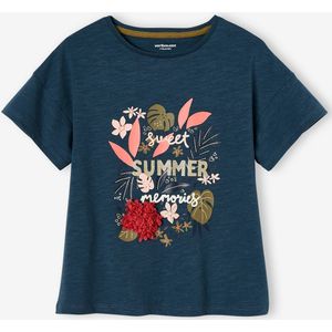 Meisjes-T-shirt met frisou-animatie en iriserende details inktblauw