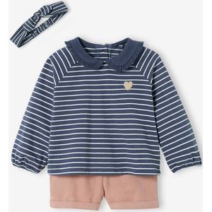 3-delige babyset fluwelen short, shirt en haarband donkerblauw gestreept