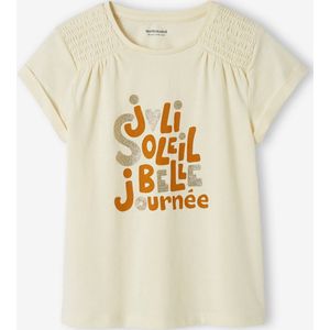 T-shirt met iriserende boodschap voor meisjes met gesmokte schouders ecru