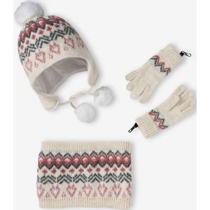 Set van babymeisjes jacquard gebreide muts + snood + handschoenen of wanten gem�leerd beige