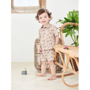 Babyset blouse en short licht taupe bedrukt