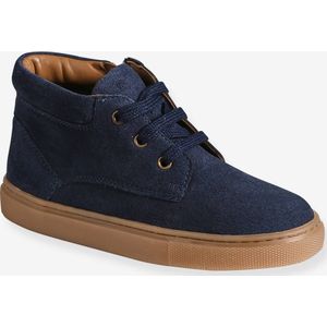 Hoge leren sneakers met veters voor jongens marineblauw