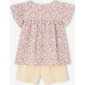 Set blouse met bloemen en short van katoengaas voor meisjes vanille