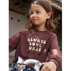 Uitlopend meisjes-T-shirt met glimmend metallic effect chocoladebruin