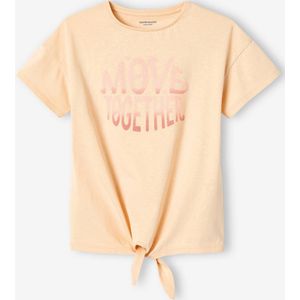 Sportief meisjes-T-shirt met glittermotief en geknoopte onderkant ecru