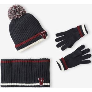 Set muts + snood + handschoenen voor jongens van geribbeld tricot marineblauw