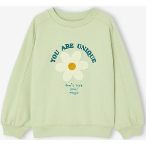 Meisjessweater met geplaatst motief en versieringen amandelgroen