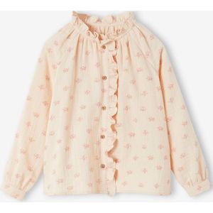 Personaliseerbare overhemd met ruches van katoengaas voor meisjes met bloemenprint lichtroze