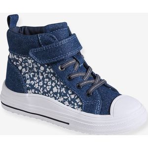 Hoge sneakers met klittenband en veters voor meisjes jeansblauw