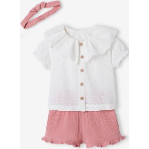 3-delige babyset met geborduurde blouse, short van katoengaas en bijpassende hoofdband rozen