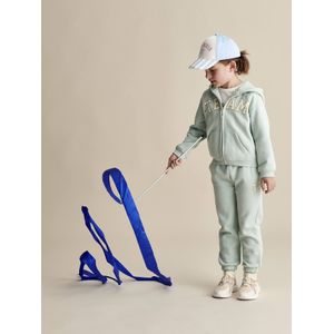 Molton joggingbroek voor meisjes met paperbag ceintuur blauwgroen