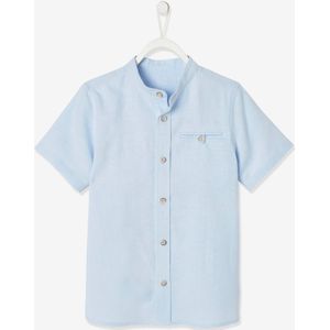Overhemd van katoen/linnen met maokraag en korte mouwen voor jongens hemelsblauw