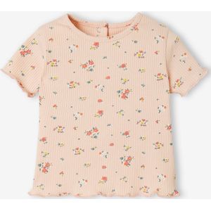 Babyshirt met bloemen in geribbeld tricot bedrukt grijsachtig roze