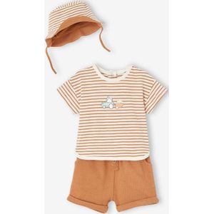 3-delige babyset: T-shirt, short en bijpassend hoedje cappuccino