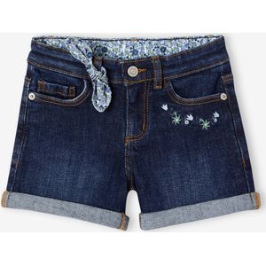 Geborduurde denim meisjesshort met bloemenstrik ongewassen denim