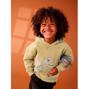 Jongenssweater met dinomotief en sherpagevoerde capuchon olijf