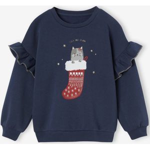 Sweater met ruches en kattenmotief meisjes marineblauw