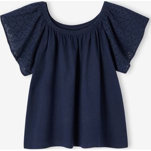 Meisjesshirt met lange mouwen en Engels borduurwerk marineblauw