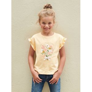 Meisjes-T-shirt met iriserend motief en korte mouwen met ruches lichtgeel