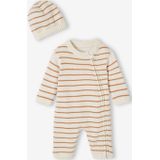 Babyset pakje en muts van gestreept tricot hazelnoot