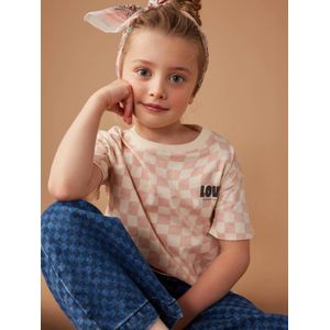 T-shirt met dambordmotief en korte mouwen, meisjes roze, bedrukt