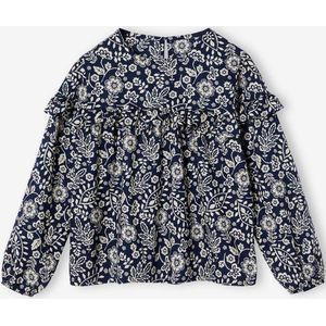 Meisjesblouse met ruches met bloemenprint marineblauw