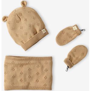 Set met muts met oortjes + snood + wanten in opengewerkt breiwerk voor babymeisjes gem�leerd beige