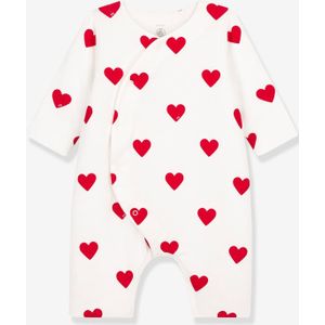 Lange babypyjama met hartjes in rib PETIT BATEAU wit, bedrukt