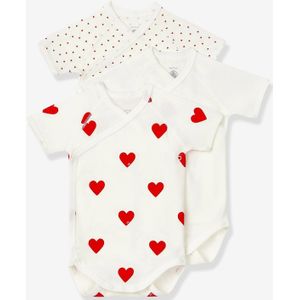 Set van 3 gekruiste babyrompertjes met korte mouwen en harten in biokatoen PETIT BATEAU wit