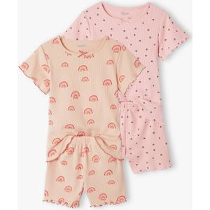 Set van 2 bedrukte meisjes pyjamashorts van ribtricot roze (poederkleur)