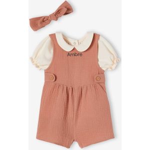 3-delige babyset T-shirt, jumpsuit en hoofdband personaliseerbaar oudroze