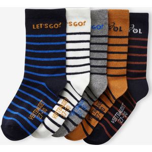 Set van 5 paar gestreepte sokken jongens nachtblauw