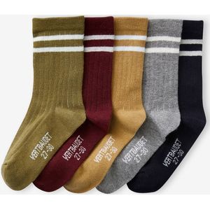 Set van 5 paar gestreepte geribbelde sokken voor jongens kaki