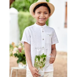 Overhemd van katoen/linnen met maokraag en korte mouwen voor jongens wit