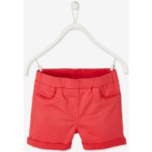 Gebreide meisjesshort met macram�-bies aardbeirood