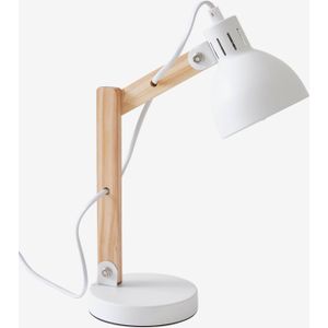 Opvallende bureaulamp van hout en metaal wit