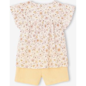 Set blouse met bloemen en short van katoengaas voor meisjes pastelgeel