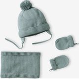 Set voor babyjongen met mutsje + snood + wanten BASICS blauwgroen