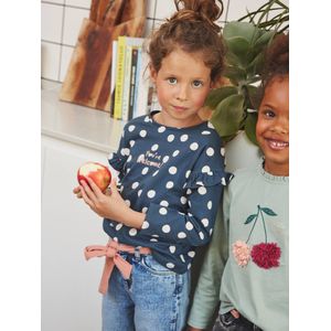 Meisjes-T-shirt met opschrift en ruches aan de mouwen blauw met stippen