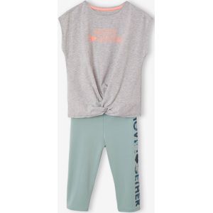 Sportset voor meisjes T-shirt om te knopen en legging grijs gechineerd