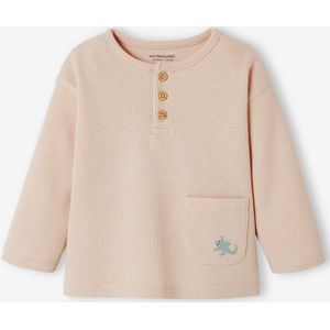 Baby-T-shirt met Tunesische hals en honinggraatmotief lange mouwen beige