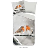 Good Morning - Flanellen Dekbedovertrek - Roodborst Vogels - Grijs - 100% Katoen/Flanel