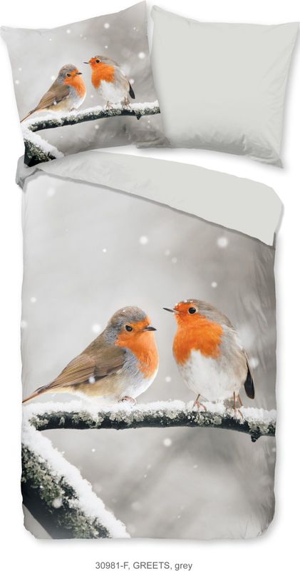 Good Morning - Flanellen Dekbedovertrek - Roodborst Vogels - Grijs - 100% Katoen/Flanel