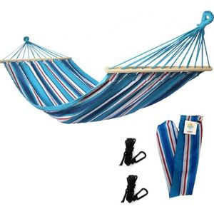 Rijoka Hangmat Large met Spreidstok - 200x140cm - Blauw Gestreept - 1 Persoons - Incl. 2 Haken, Touw én Opbergzak