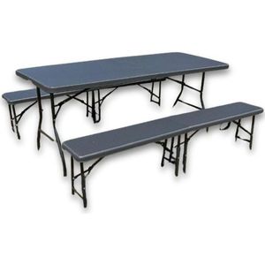Rijoka Inklapbare Picknicktafel - Rattan Design - Klaptafel met 2 Klapbanken - Biertafel 6 tot 8 personen - Draagkracht 150kg - Taupe
