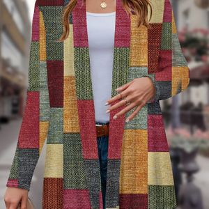 TEMU Lässiges Plus-Size-Cardigan für Damen, langärmeliges Strickblusen aus Polyester mit Reverskragen, Patchwork-3D-Druck, leicht dehnbar, Gewicht der Stoffe 180 g/m², Frühling/Herbst Oberbekleidung