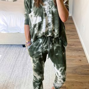TEMU Damen Tie Dye Strick Polyester Hosenanzug mit Rundhalsausschnitt Top und Kordelzug Hose für alle Jahreszeiten