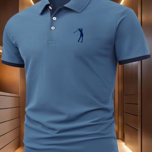 TEMU Modisches Herrenhemd in Hellgrau mit Golfspieler-Silhouette - Lässiges Kurzarmshirt, 100% Polyester, Knopfleiste am Kragen, Bequemer Strickstoff für Outdoor-Sport und Golf